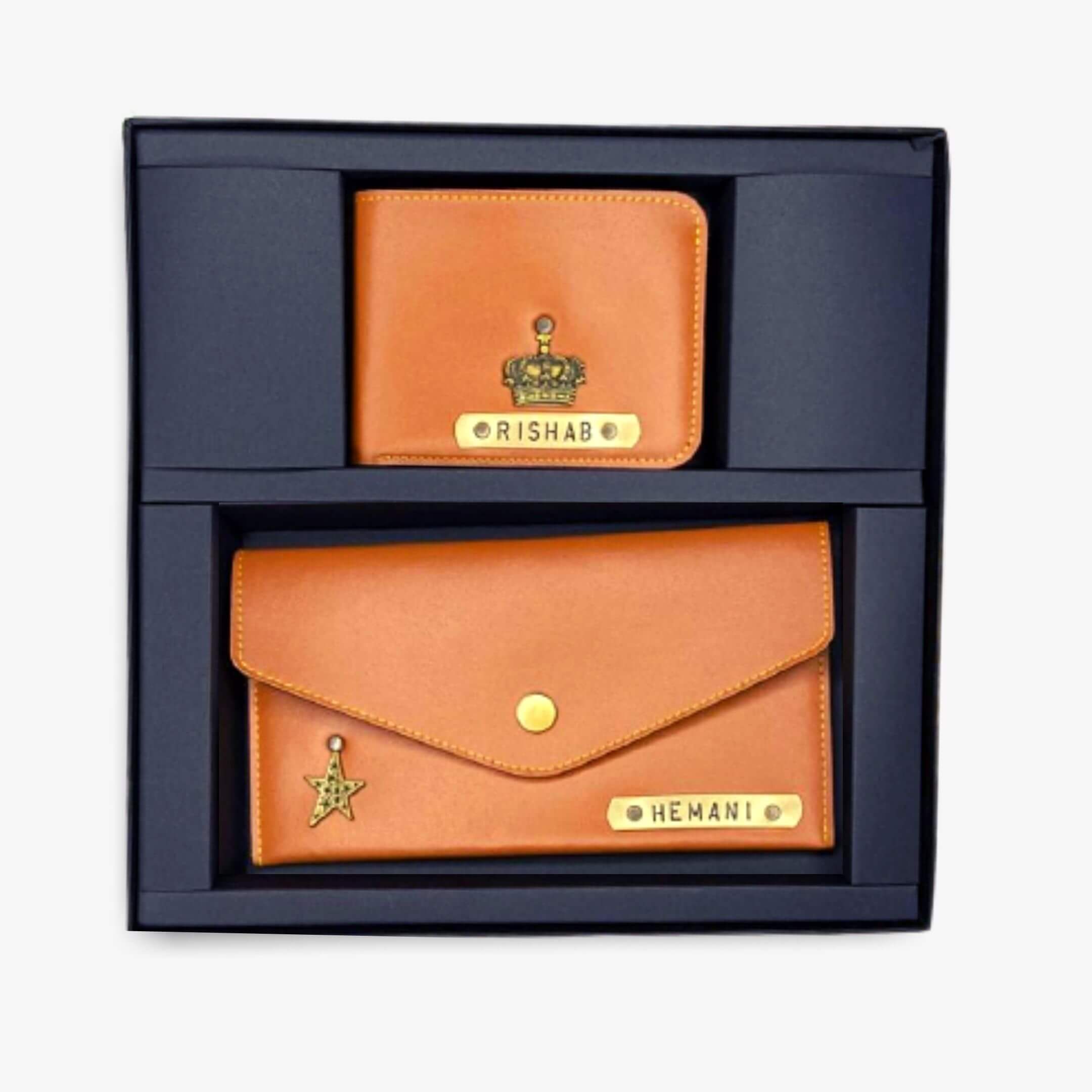 Tricolor Leather Set Ladies Wallet Gents Wallet Box | Personalised Couple Wallet Gift Set