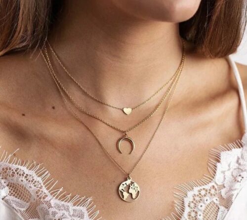 Triple layer heart, moon and earth necklace