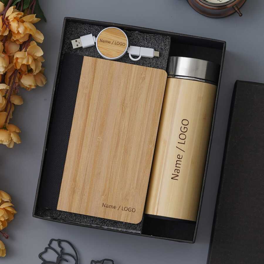 Bamboo wooden bottle, diary, usb set