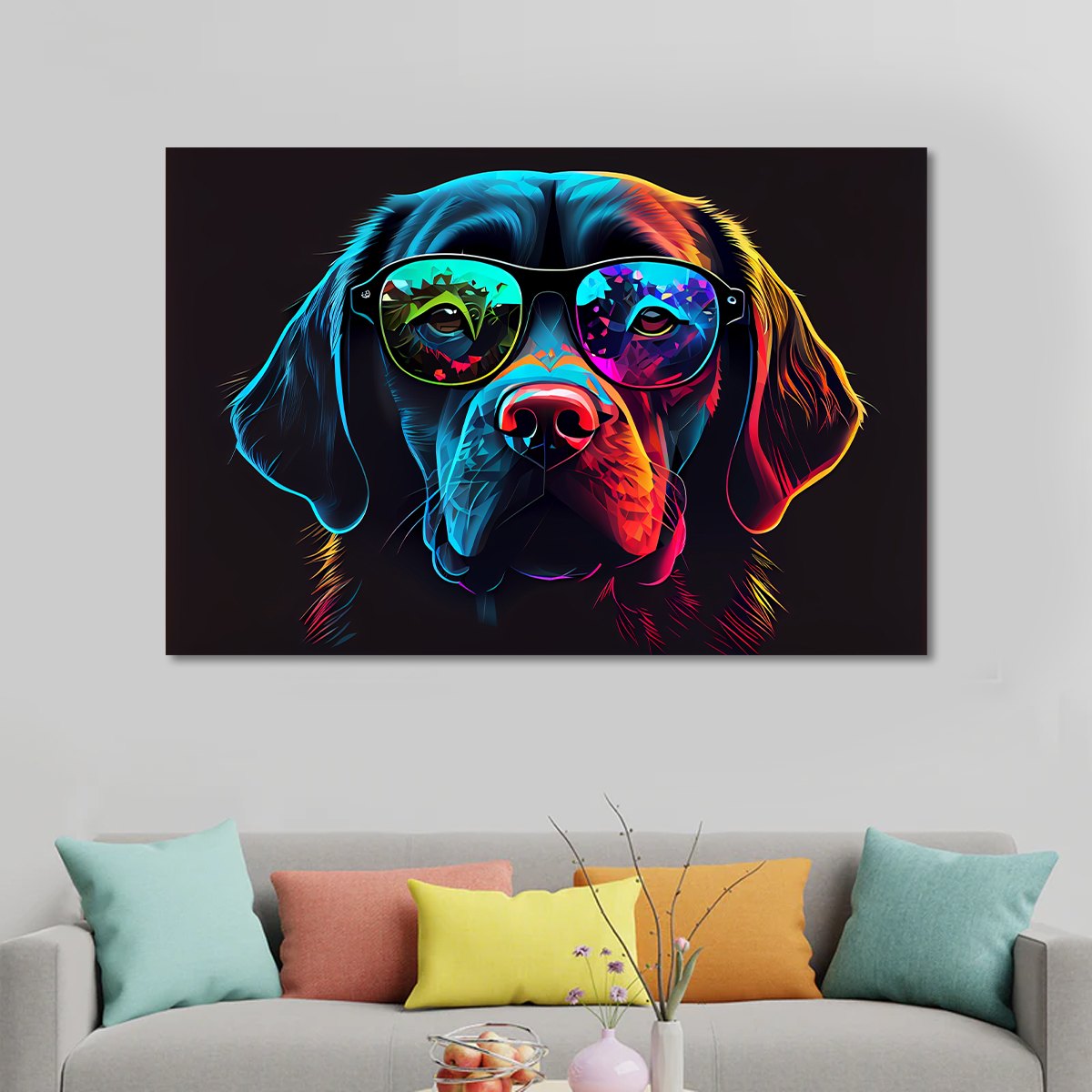 Colorful dog shop wall art