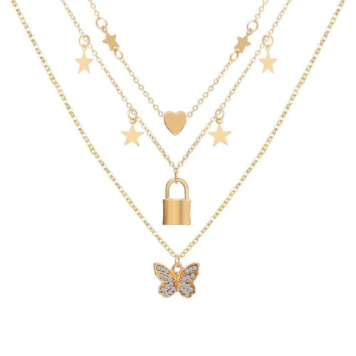 Gold-Plated Triple-Layer Butterfly Heart Pendant