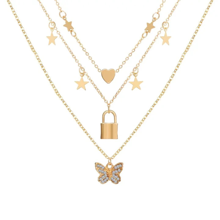 Gold-Plated Triple-Layer Butterfly Heart Pendant