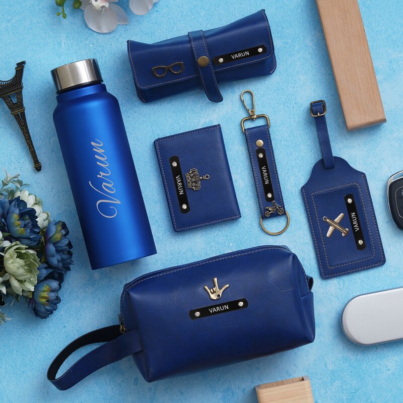 Signature Personalized Set Blue Color - Customized Bottle, Wallet, Key Chain, Tag, Travel Pouch & Eyewear Case