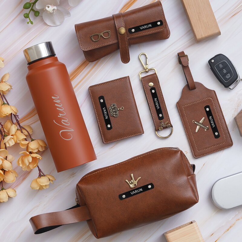 Signature Personalized Set Tan Color - Customized Bottle, Wallet, Key Chain, Tag, Travel Pouch & Eyewear Case