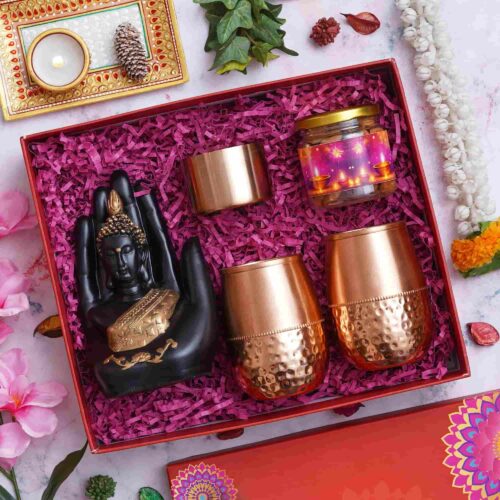 Diwali Bliss Hamper Hand Buddha, 2 Copper Glasses, 100g Almonds and Metal Candle (1)