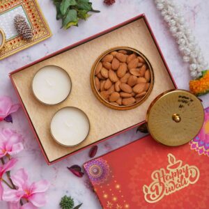 Diwali Delight Dry Fruit Metal Container & 2 Metal Candles Gift Hamper (1)