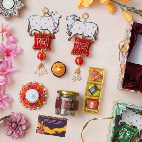 Diwali Delights Gift Basket Reusable Handle Basket with Pichwai Cow Hangings, T-Light Holder, Sweets, and More (1)