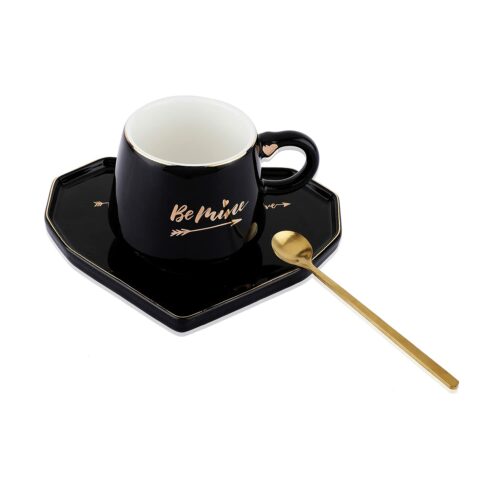 Ceramic Coffee Mug Set with Heart-Shaped Saucer and Spoon
