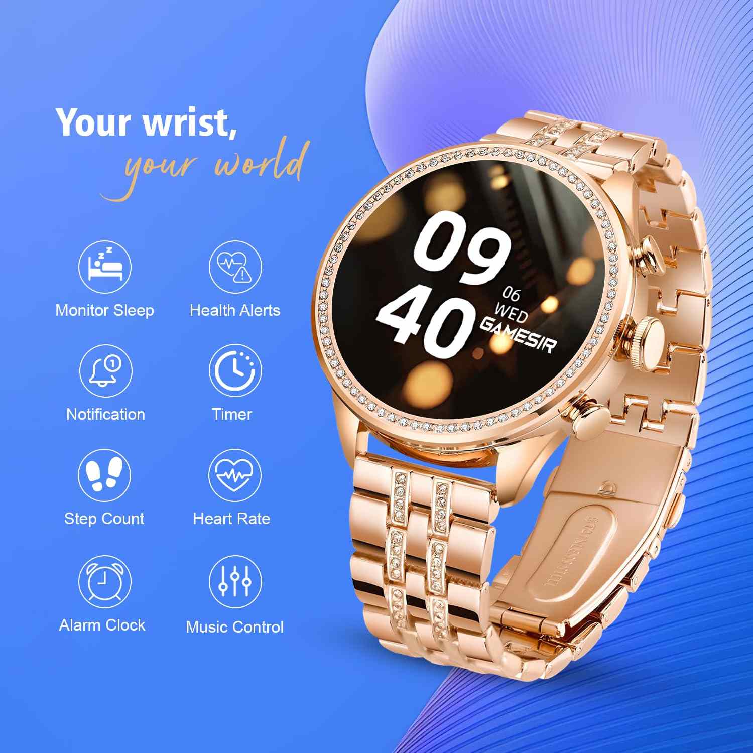 Hd Smart Watch With Diamond Rose Gold Strap Bluetooth Calling Sports Watch