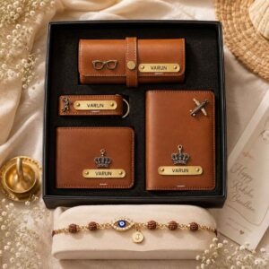 Personalised Raksha Bandhan Leather Combo With Evil Eye Rakhi