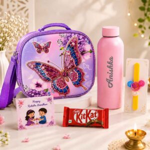 3D Lunch Bag Rakhi Combo With Personalised Bottle
