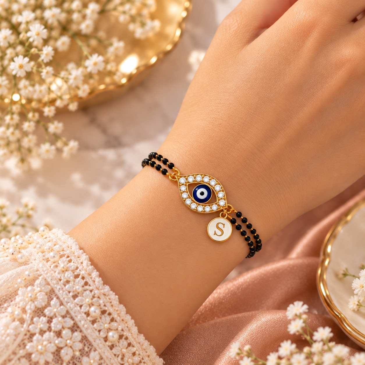Evil Eye Mangalsutra Bracelet With Initial
