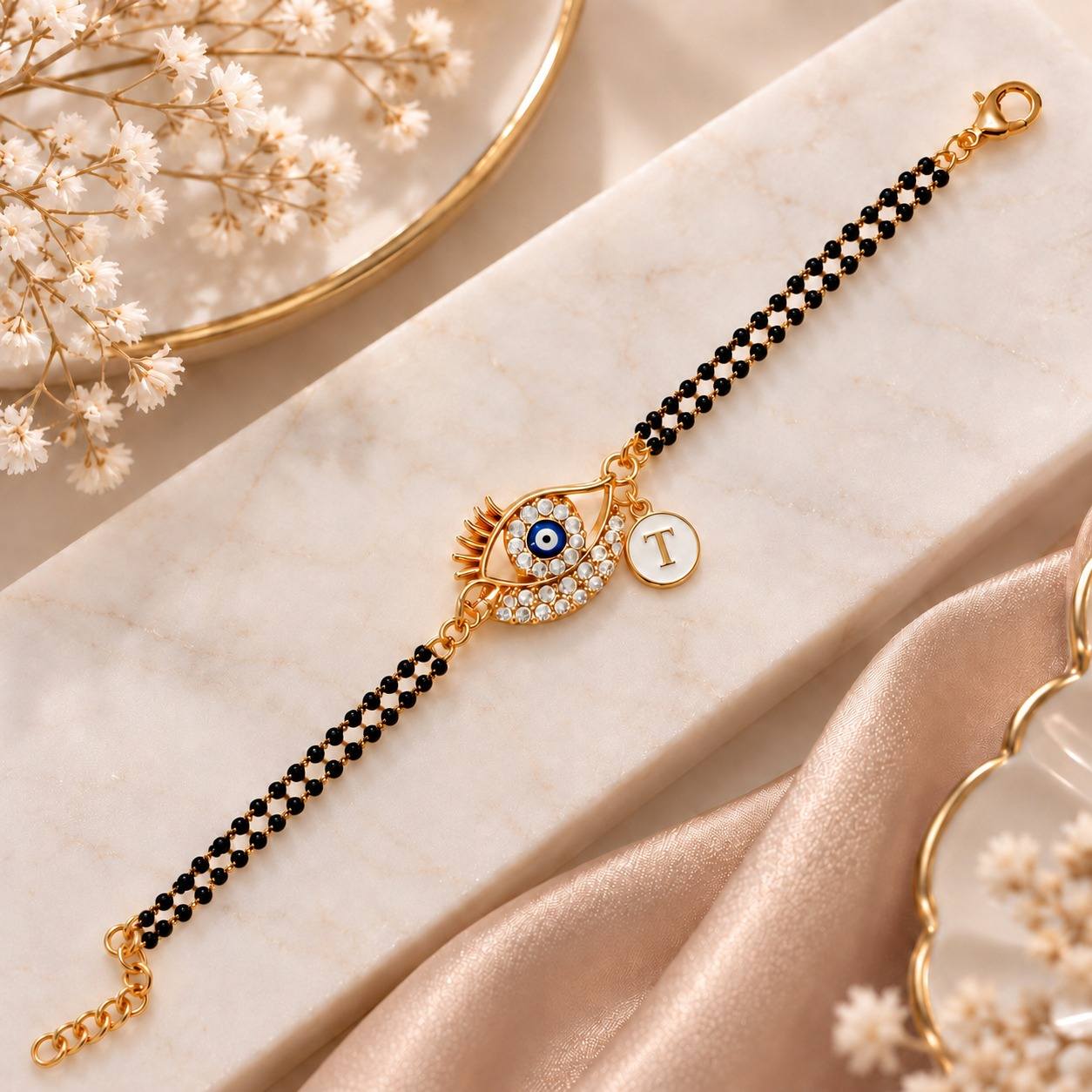 Golden Lash Evil Eye Bracelet for women with Initail